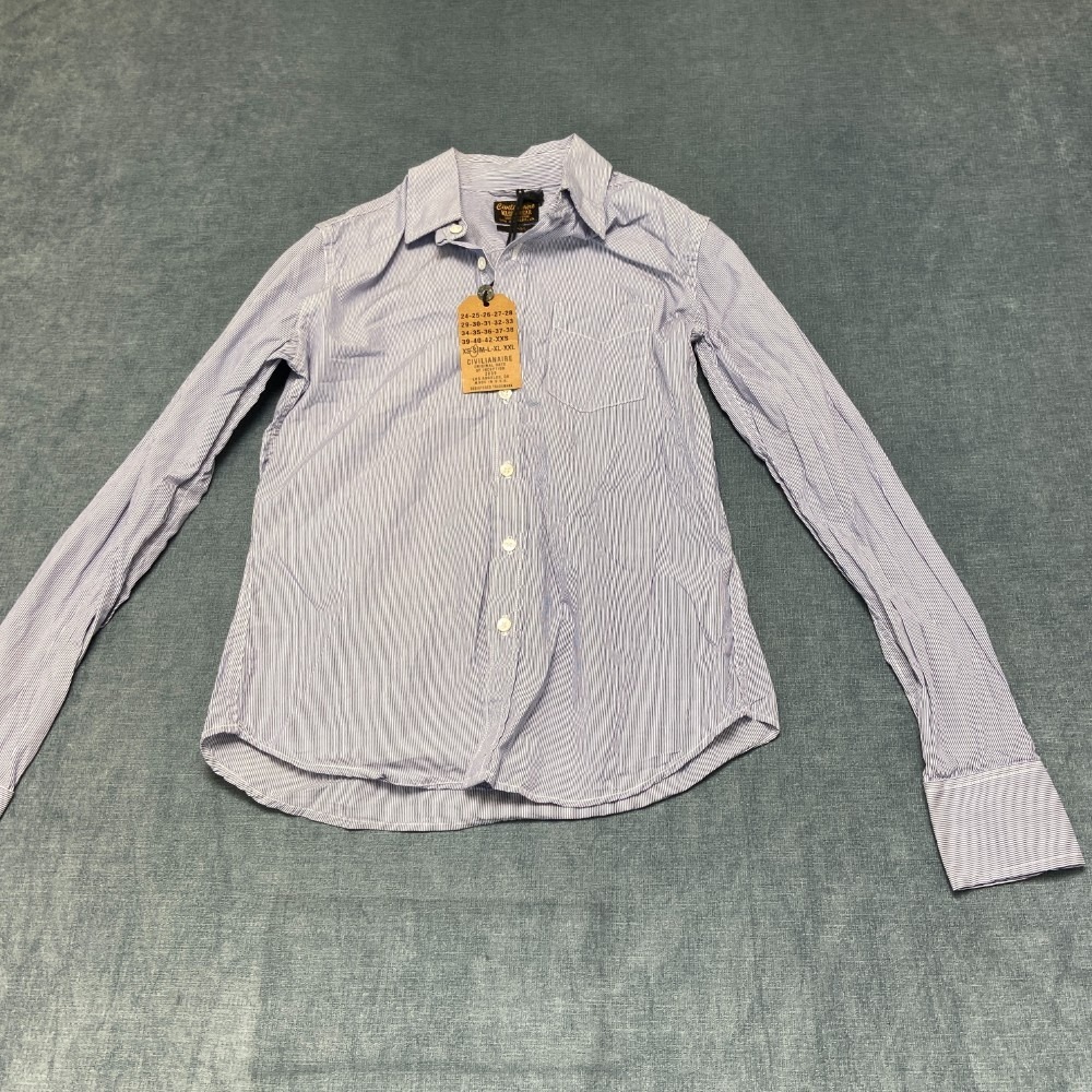 Civilianaire Wash And Wear Shirt Men Small White Navy Blue Striped Cotton Casual